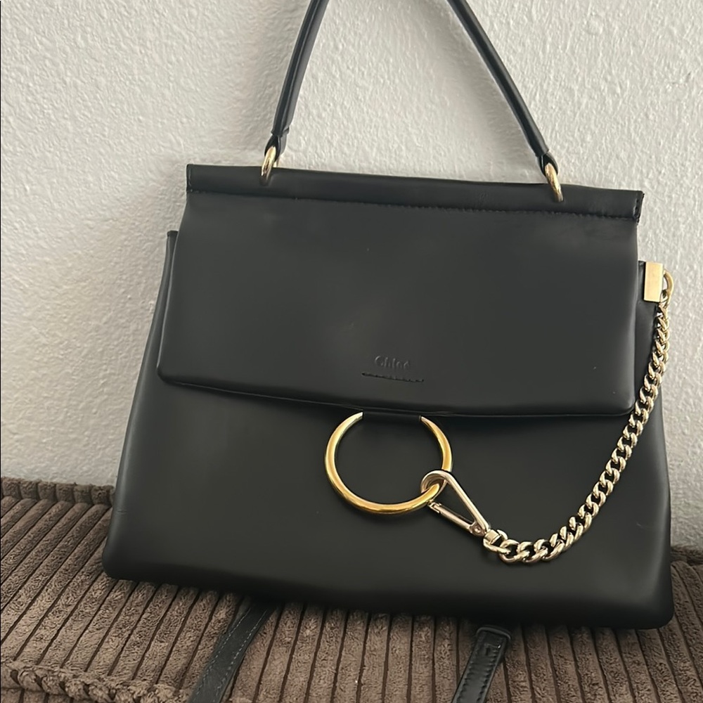 Chloé Black Leather Top Handle Satchel with Gold Ring & Chain